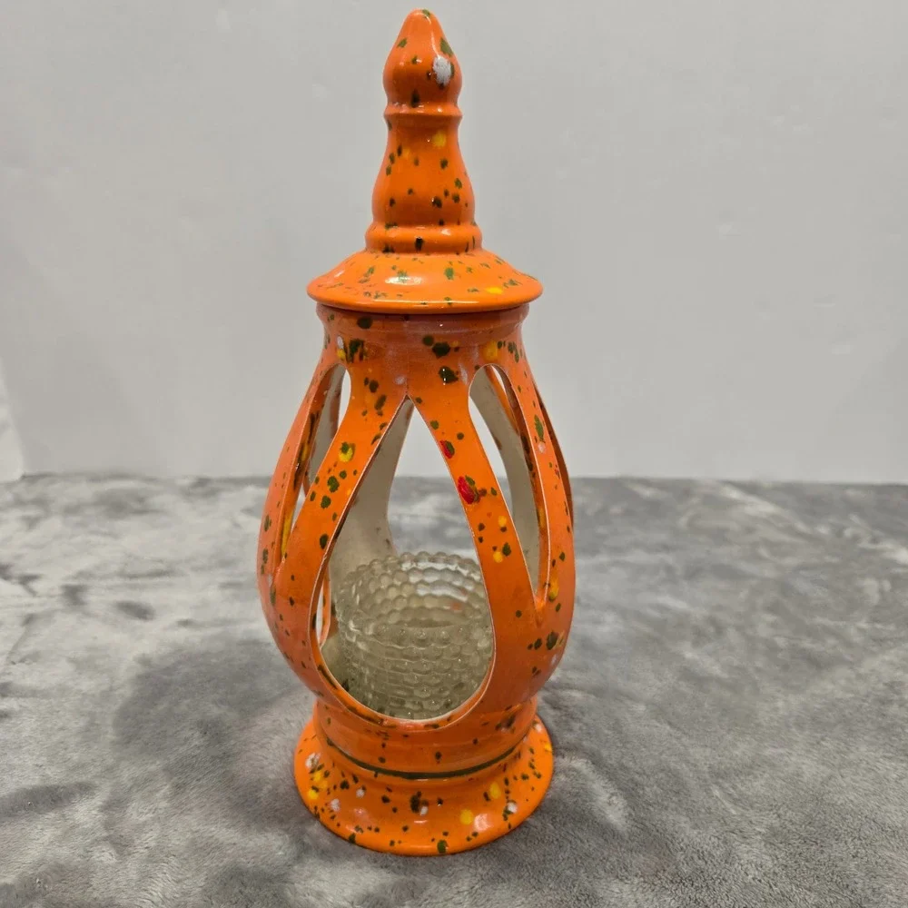 Vintage‎ Orange Splatter Ceramic Tea Light Lantern with Hobnail Glass Insert